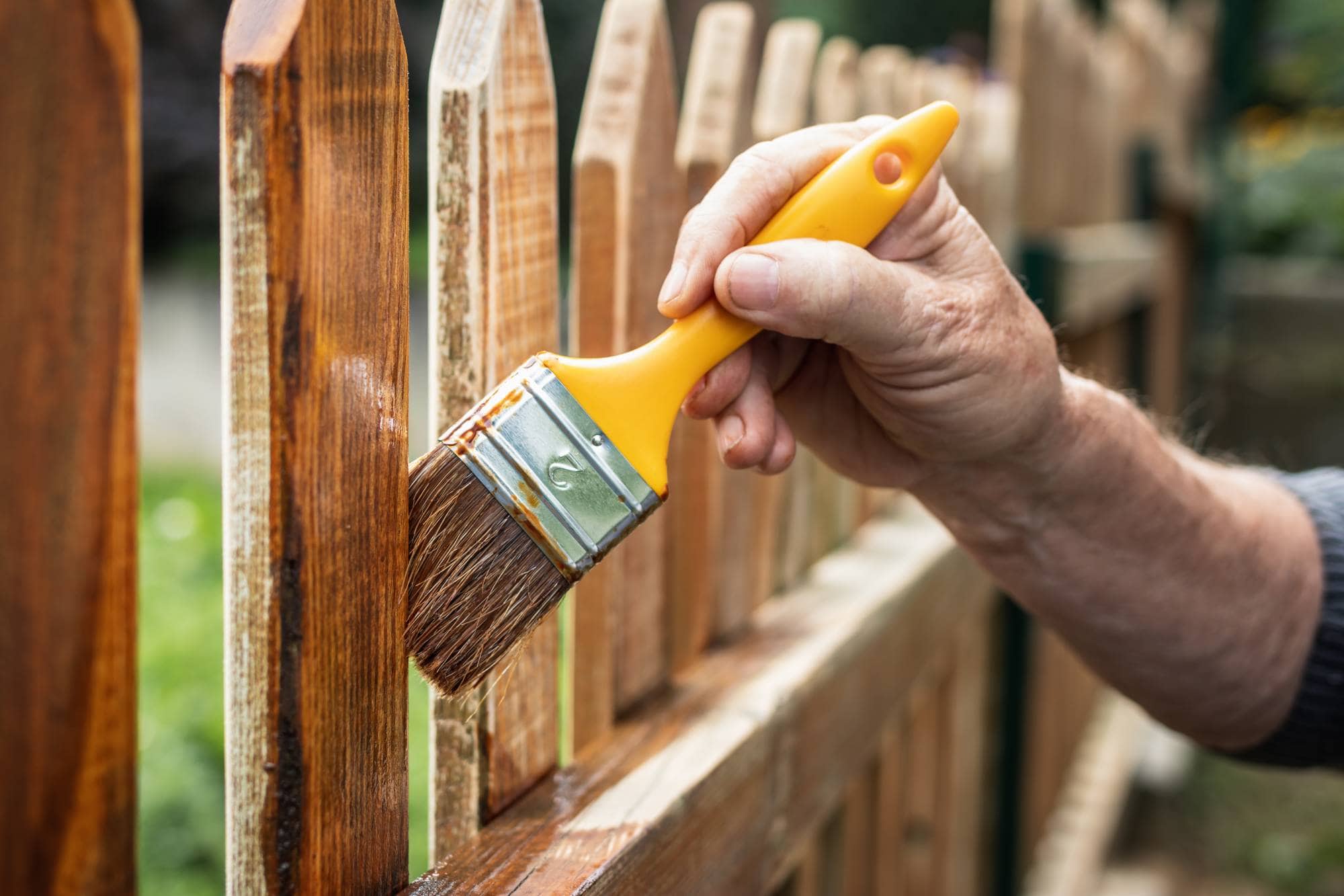 A hand holding a yellow-handled paintbrush applies wood stain to a wooden fence, with some pickets already stained and others still bare.
