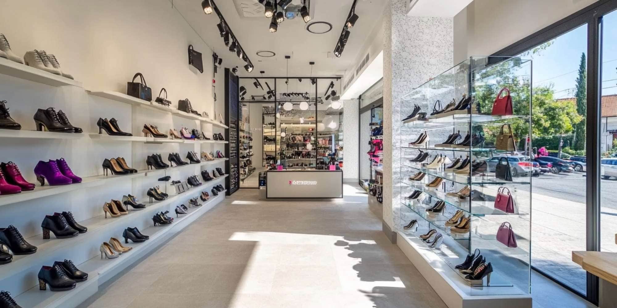 Modern shoe store with white walls finished by Painter Macomb & Oakland Counties, shelves displaying shoes and boots, a glass display of handbags on the right, and large windows letting in natural light. The checkout counter is visible at the back.