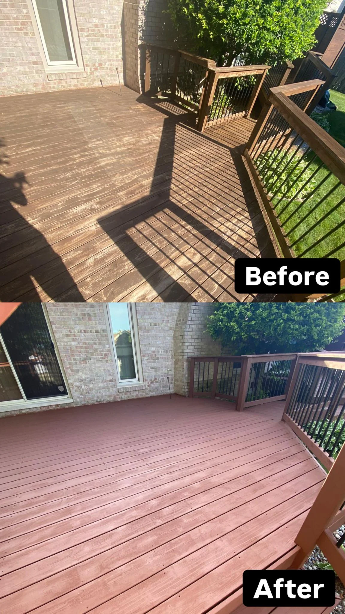 Two photos show a wooden deck in MI. The top "Before" image displays a weathered, dark-stained deck; the bottom "After" image shows the same deck, freshly stained by Painters Macomb & Oakland County in a clean, lighter reddish-brown finish.
