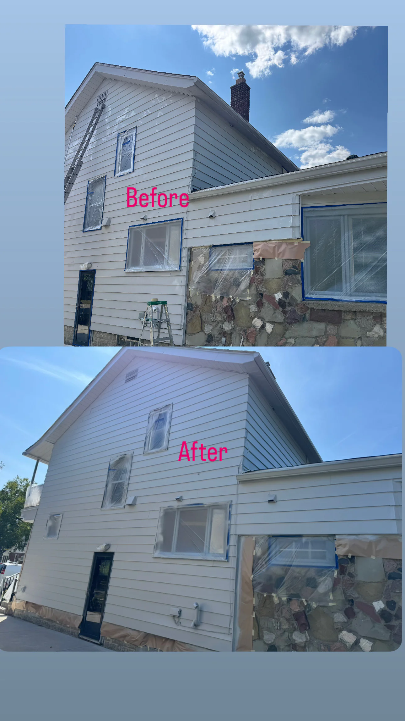 Two photos of the same house in MI; the top photo labeled “Before” shows an old window, while the bottom photo labeled “After” reveals new siding by Painters Macomb & Oakland County. A clear blue sky appears in both images.
