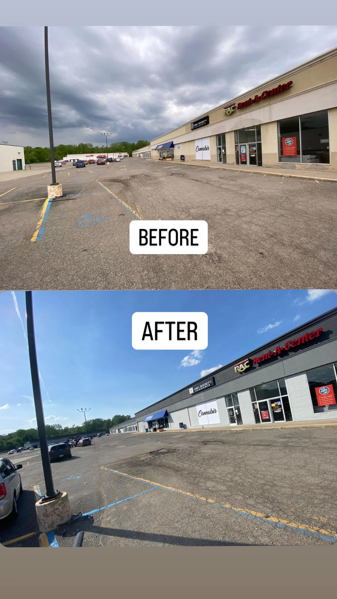 Two photos of a shopping center parking lot in MI. The top ("Before") shows worn pavement; the bottom ("After") reveals fresh paving and striping by Painters Macomb & Oakland County, making the lot look clean and new.