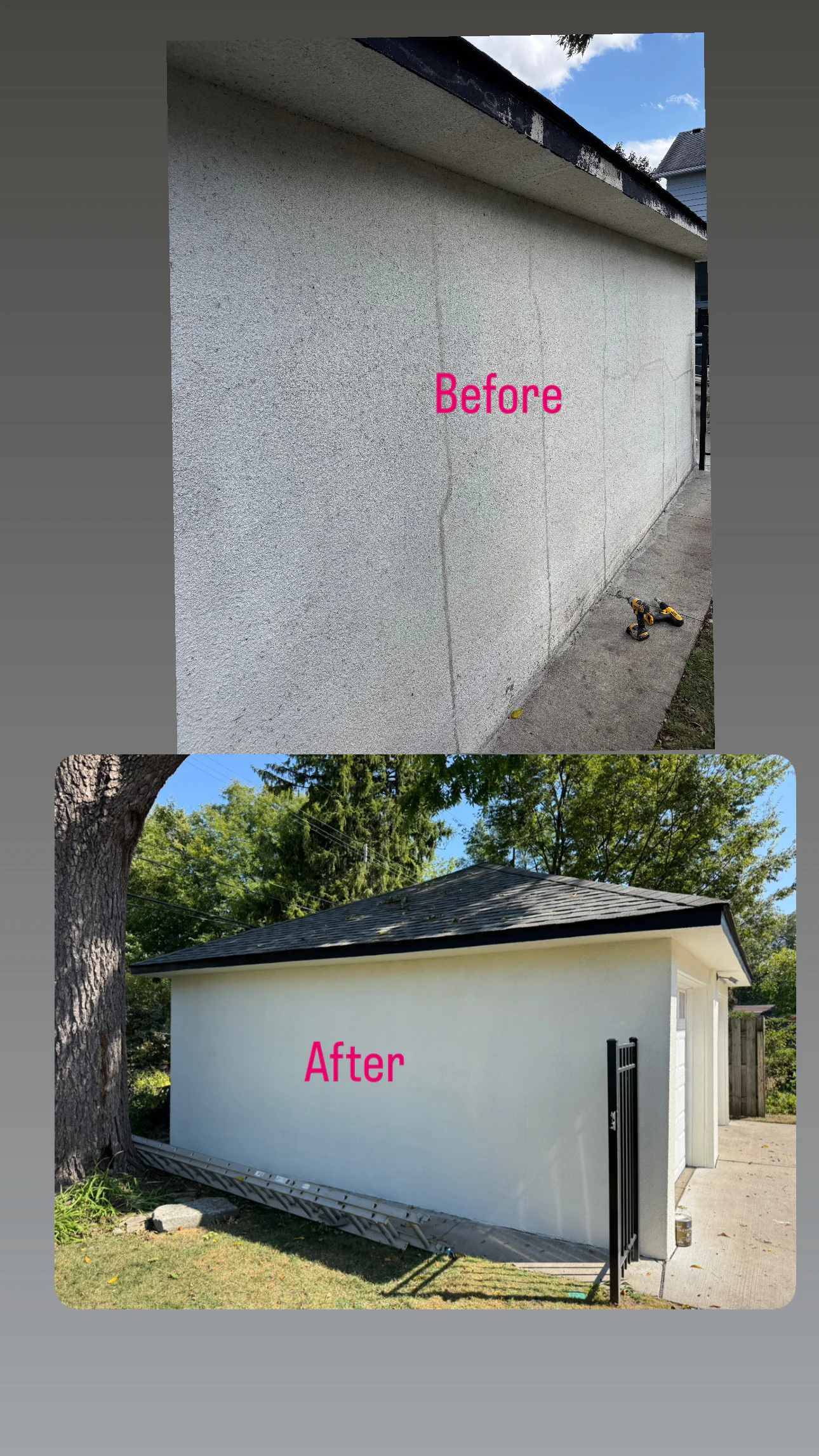 Before: A cracked, worn exterior wall of a building. After: The same wall newly refinished by MI Painters Macomb & Oakland County—smooth, freshly painted, and looking clean and well maintained.