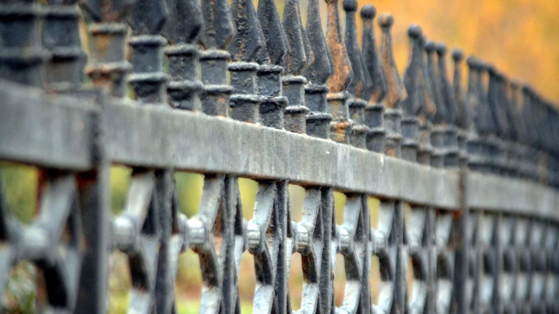 Close-up of a decorative black iron fence with pointed tops, photographed at an angle and blurred background.