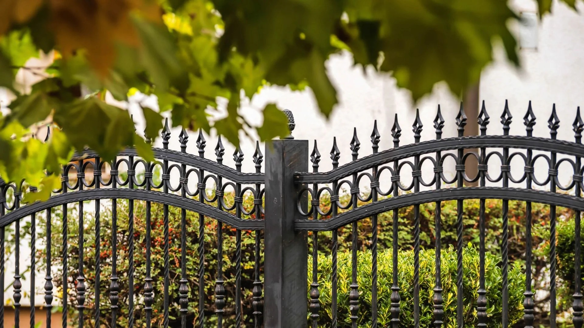 Decorative wrought iron gate with pointed tips stands framed by green leaves and shrubs in the background.