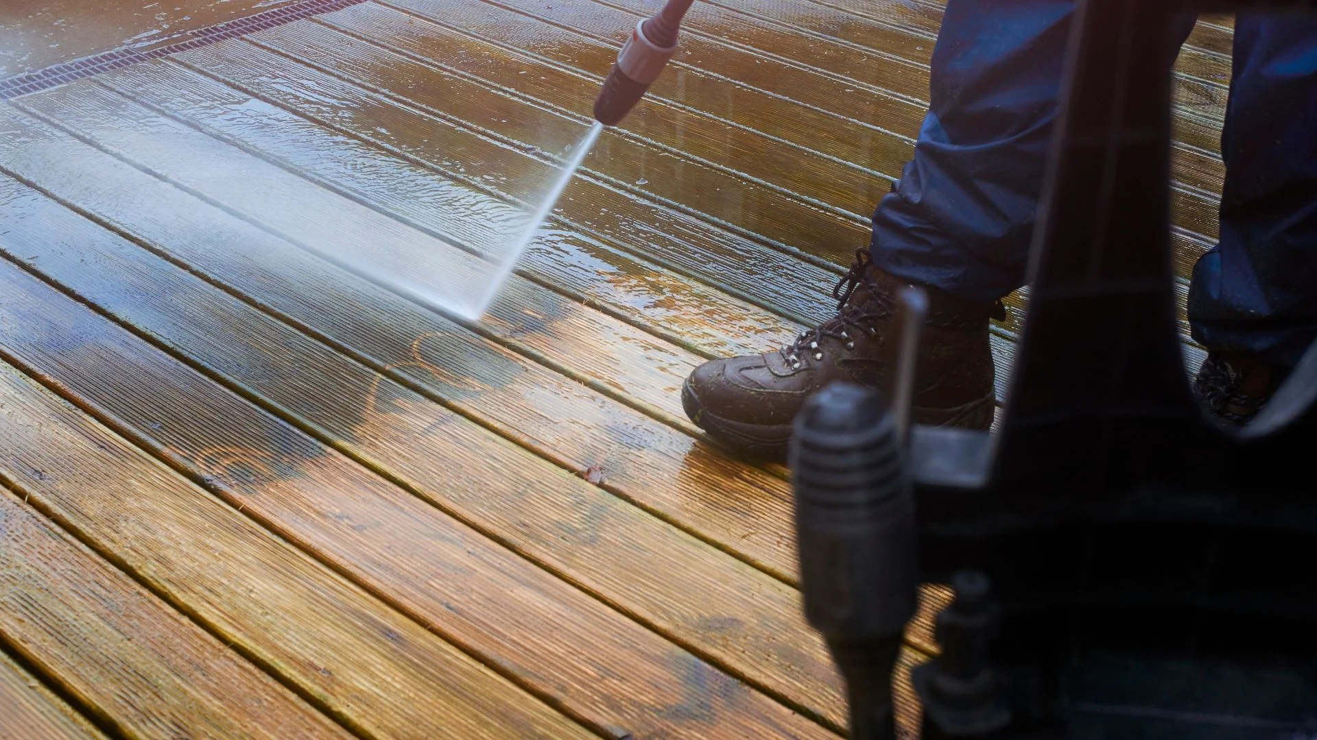 A person pressure washes a wooden deck outdoors, wearing boots and blue pants as water sprays the wood.